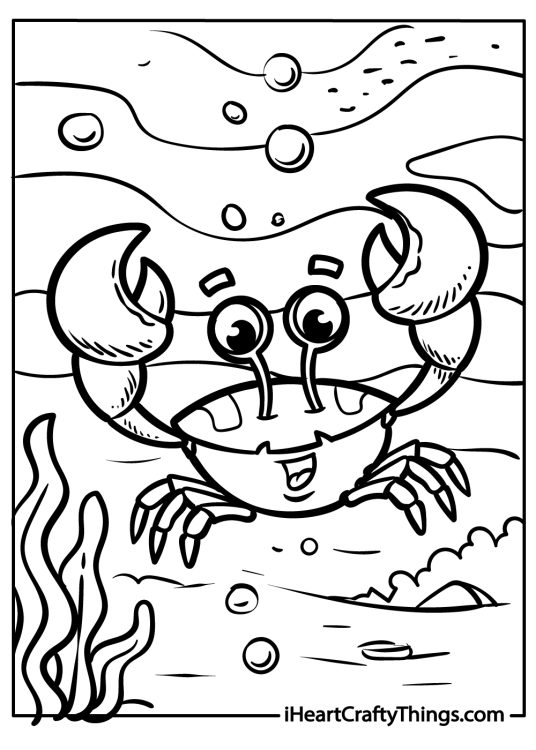 Coloring page of a crab with two large claws and two eyes on stalks swimming surrounded by bubbles and plants