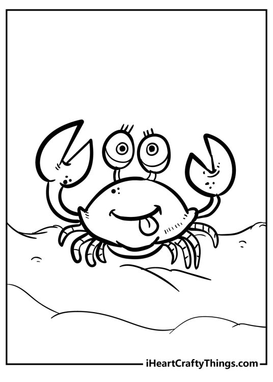 Crab coloring sheet featuring comical crab with funny-looking expression and tongue sticking out of the mouth