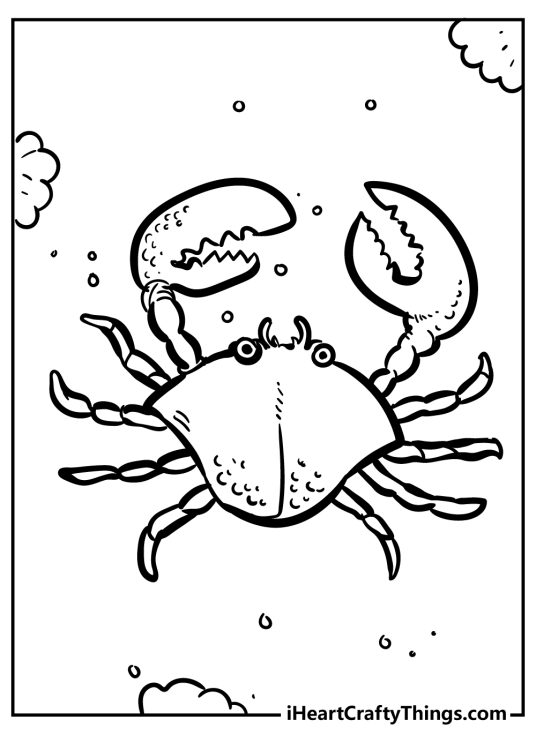 Free coloring picture featuring little crab that appears to be on a beach surrounded by seashells