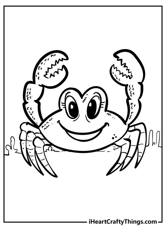 Printable pdf of a cheerful crab with curly eyelashes, big smile and wide eyes holding claws up in the air