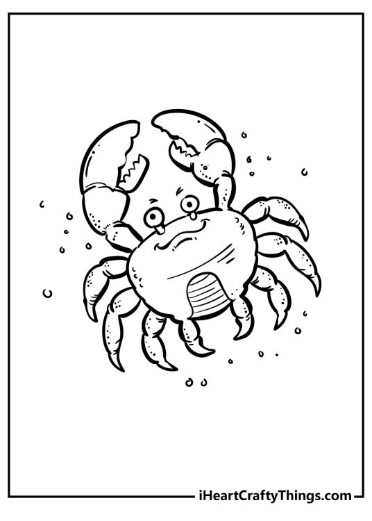 Free coloring page for children featuring crab swimming peacefully in the deep water surrounded with bubbles
