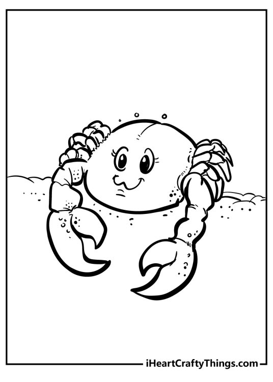 Free coloring page featuring little crab with cute and curious expression resting on the sand