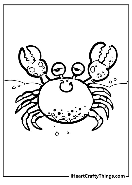Free printable pdf to color featuring cartoony crab with two large claws and eight legs