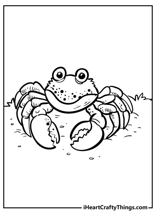 Free crab-themed coloring sheet featuring turtle-looking crab resting on the ground