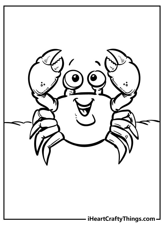 Free printable pdf for children of a cheerful crab with big smile holding his large pincers up in the air