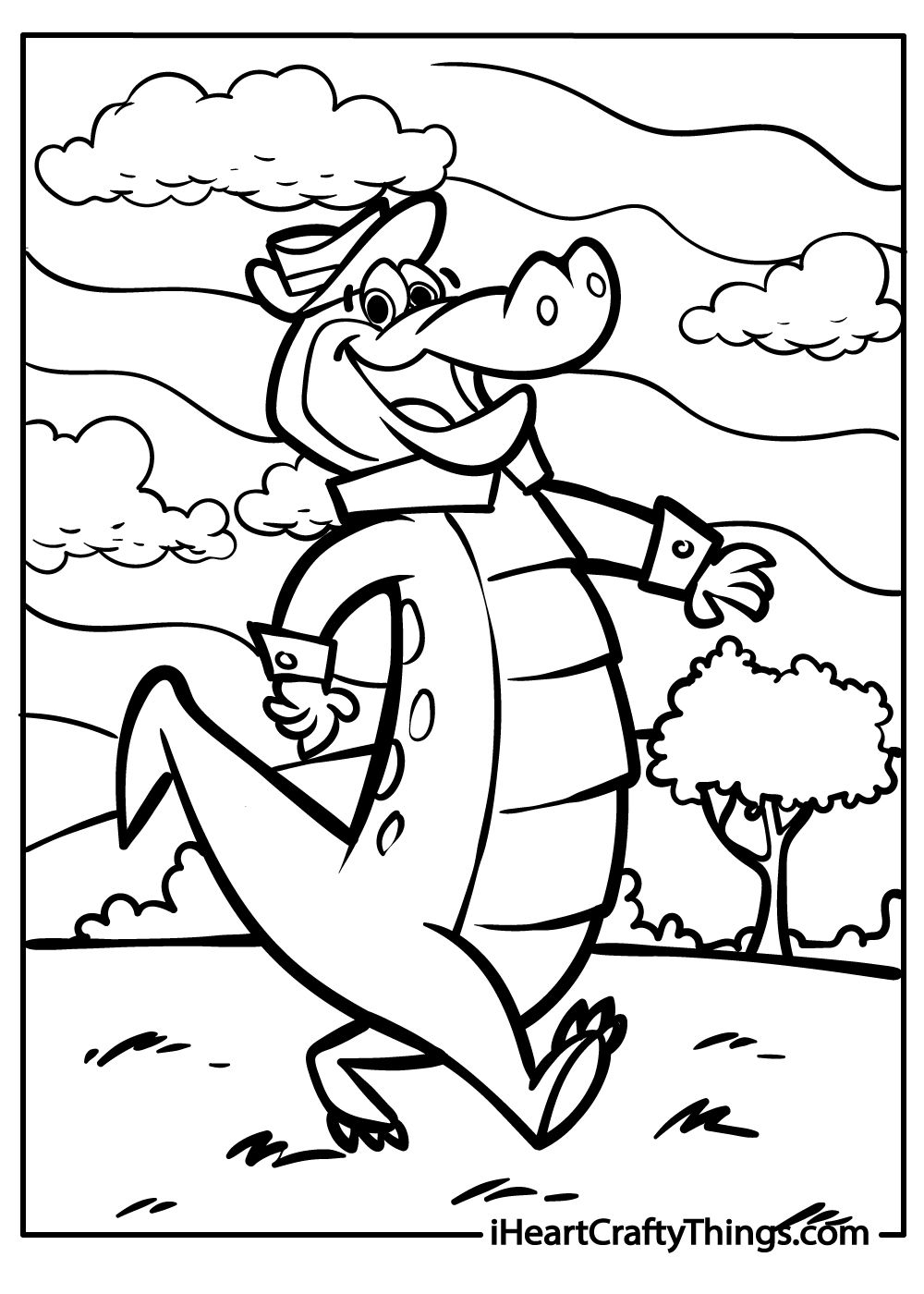 Cartoony crocodile strutting down the street looking proud his stylish hat free page to print