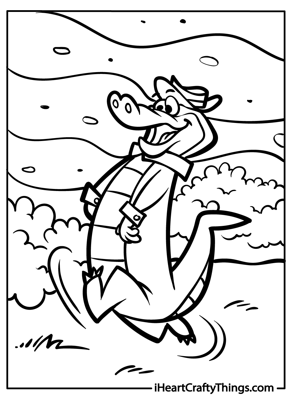 Coloring pdf of a cartoony crocodile on a walk dressed in a hat and striped vest with greenery in the background