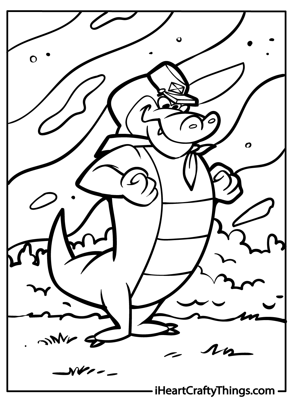 Printable pdf of a cartoony crocodile standing on his hind legs with clenched fists and nature in the background