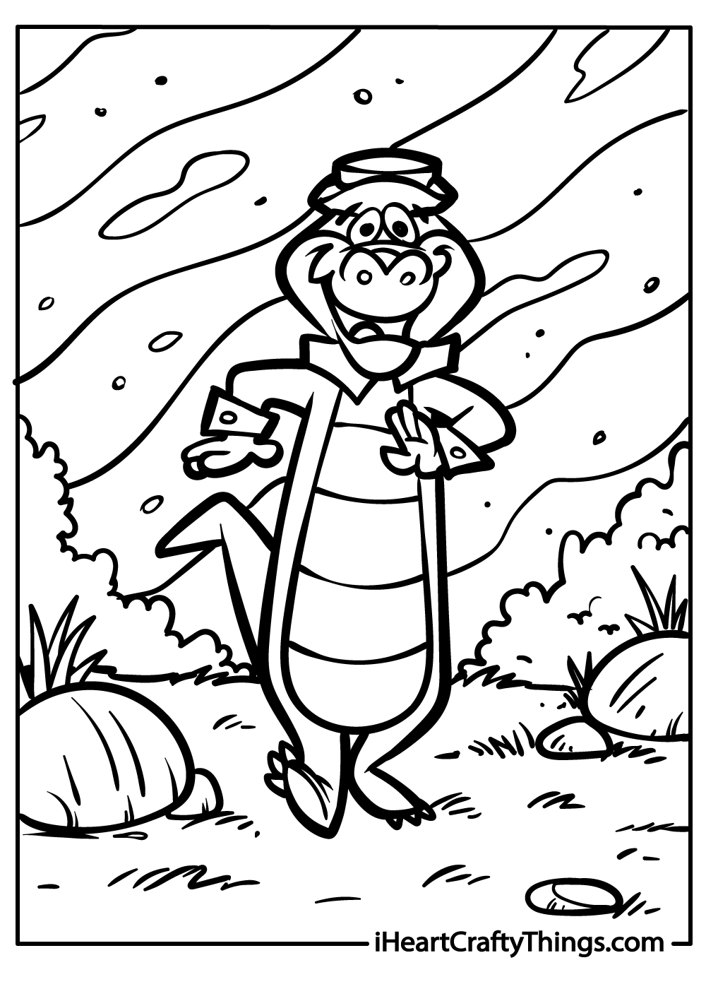 Free coloring pdf of a cheerful cartoony crocodile enjoying walk on a sunny day dressed in a hat and stripy shirt