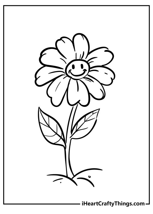 Daisy coloring page presenting beautiful flower with a smiley face in the center