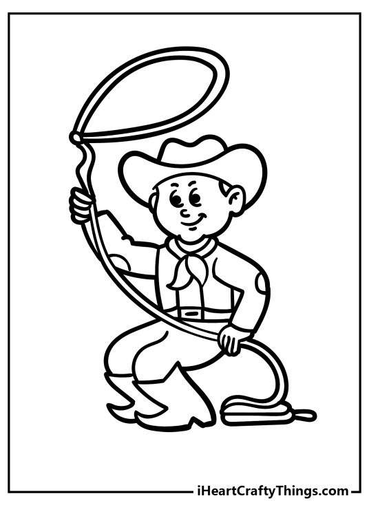 Coloring picture for children presenting cartoony cowboy swinging his lasso rope