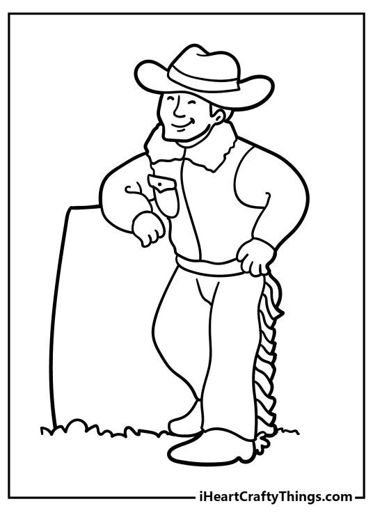Printable coloring picture presenting an adult smiling cowboy leaning on an object
