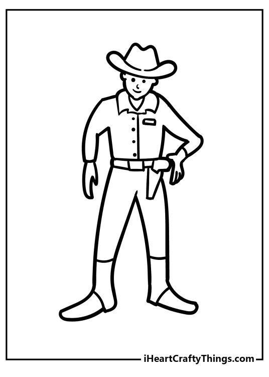 Free coloring sheet featuring an adult cowboy drawn in a simplified cartoony style