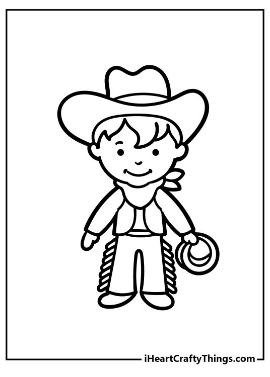 Free coloring sheet for children featuring young cartoony cowboy holding his lasso
