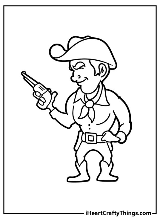 Picture to print and color presenting cartoony cowboy getting ready to use his gun to shoot