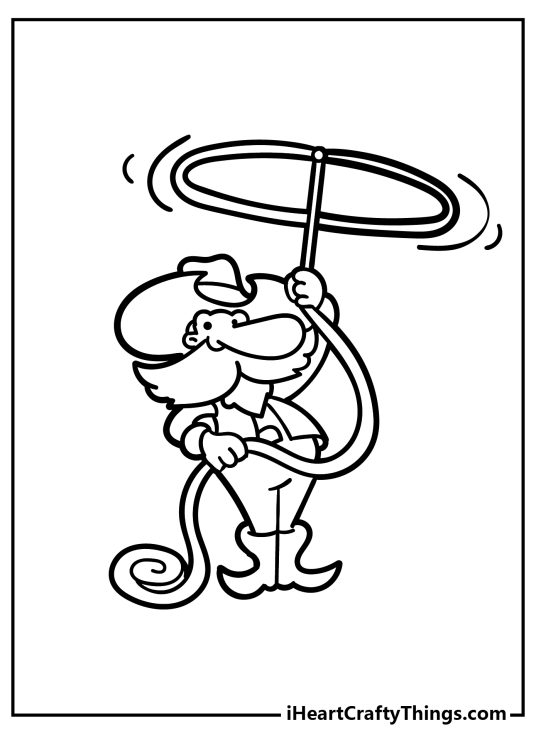 Coloring drawing featuring an elderly cartoony cowboy twirling a lasso above his head
