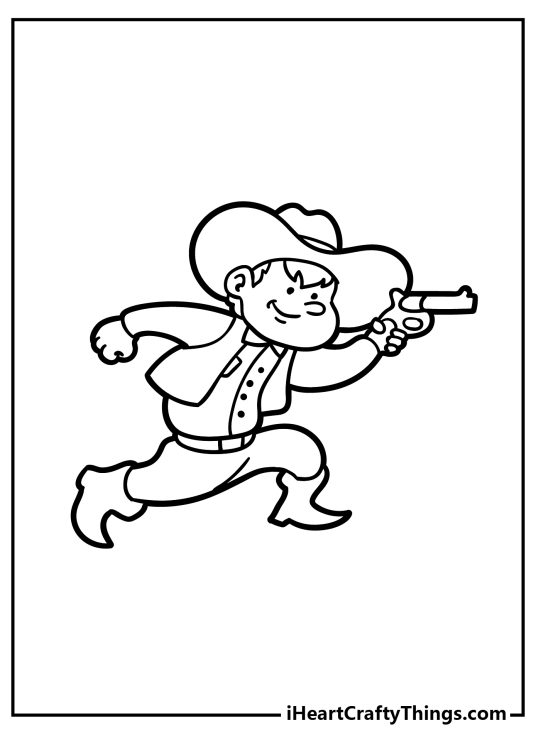 Coloring picture for children featuring cartoony cowboy running along with his gun