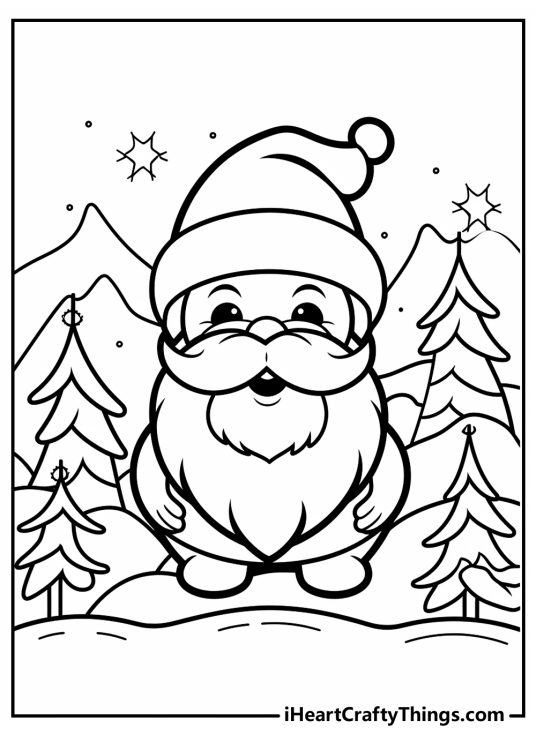 December-themed printable picture featuring a jolly Santa Claus in a winter wonderland