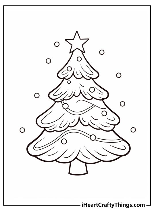 December-themed printable coloring drawing of a beautiful Christmas tree with a star at the very tip top