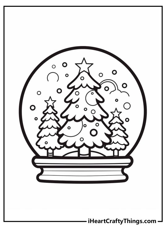 December-themed coloring image depicting a snow globe with a Christmas scene inside