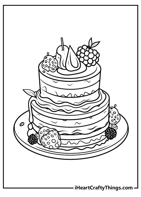 Detailed dessert printable for kids featuring a delicious two-tier cake decorated with various fruits and berries
