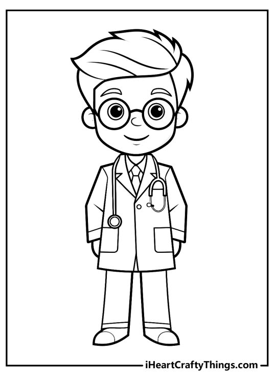 Coloring sheet for kids featuring young boy wearing a doctor coat stethoscope and round glasses