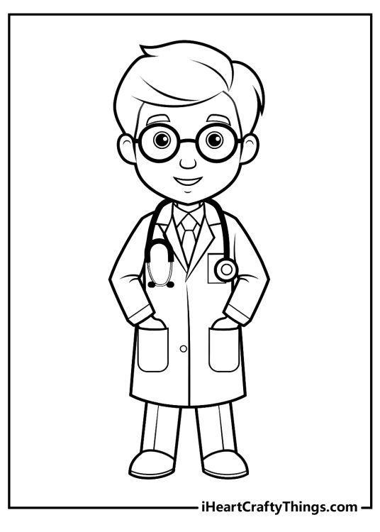 Doctor-themed coloring picture featuring friendly physician dressed in a long lab coat