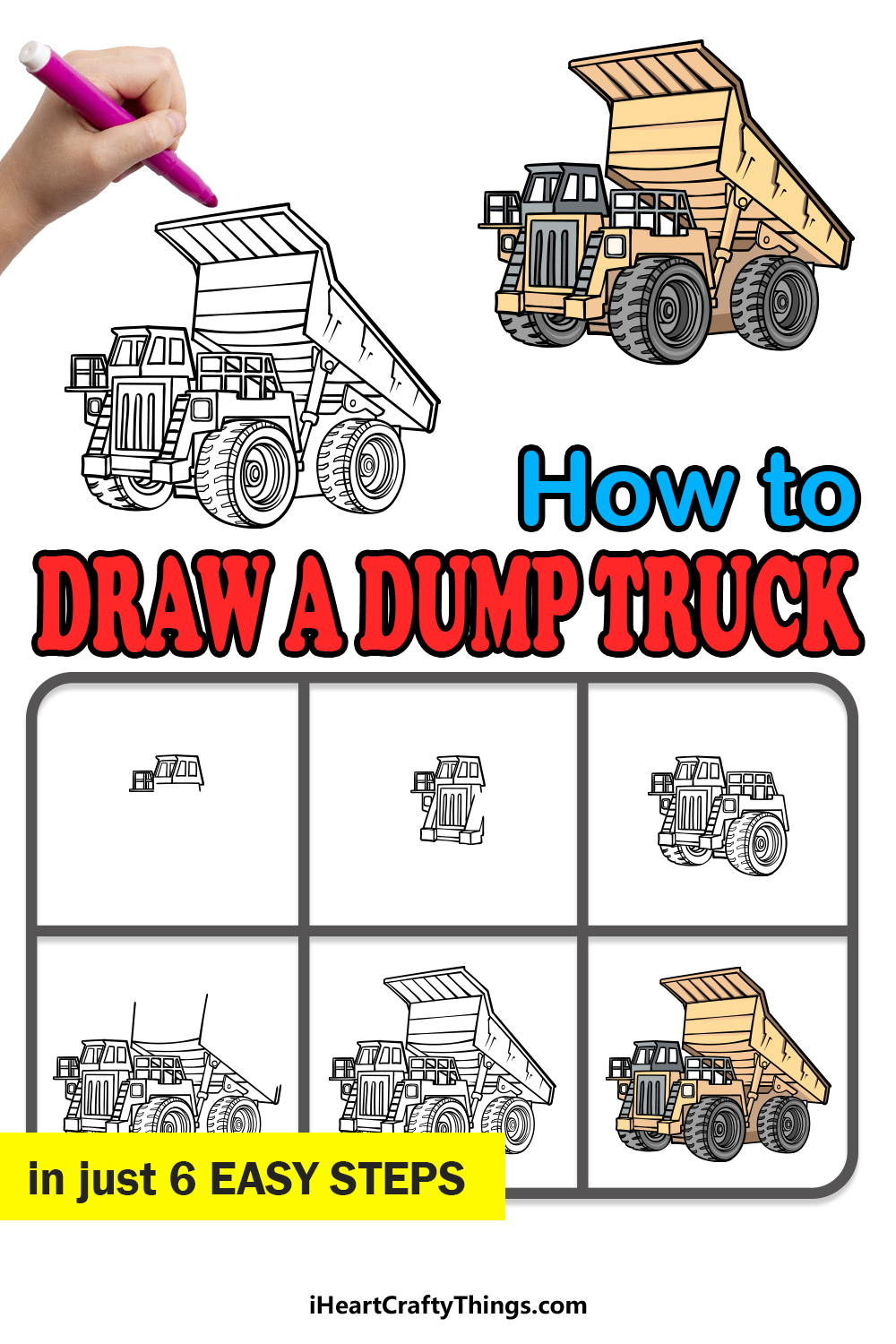 how to draw a Dump Truck in 6 easy steps