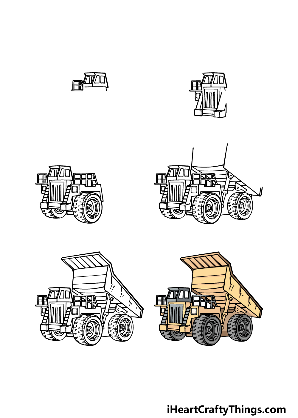 how to draw a Dump Truck in 6 steps