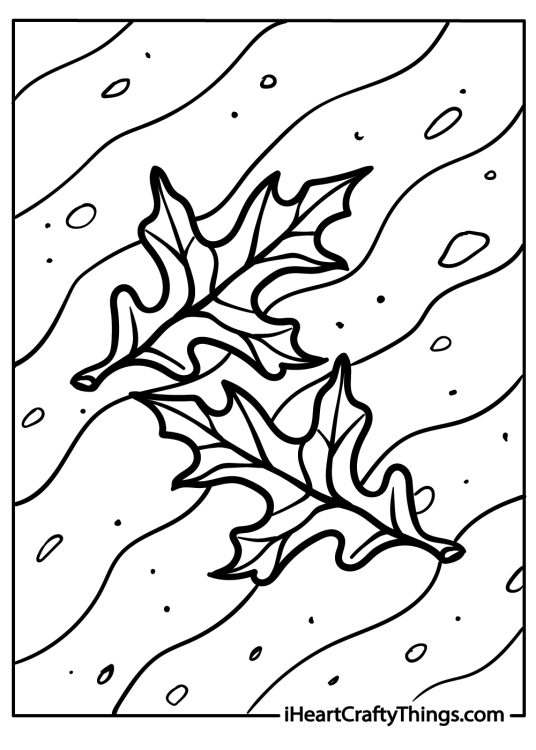 Coloring page showing two large fall leaves with intricate veins falling gracefully