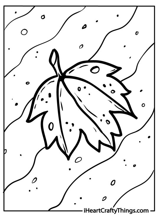 Fall leaves coloring page presenting single falling leaf with wavy lines in the background