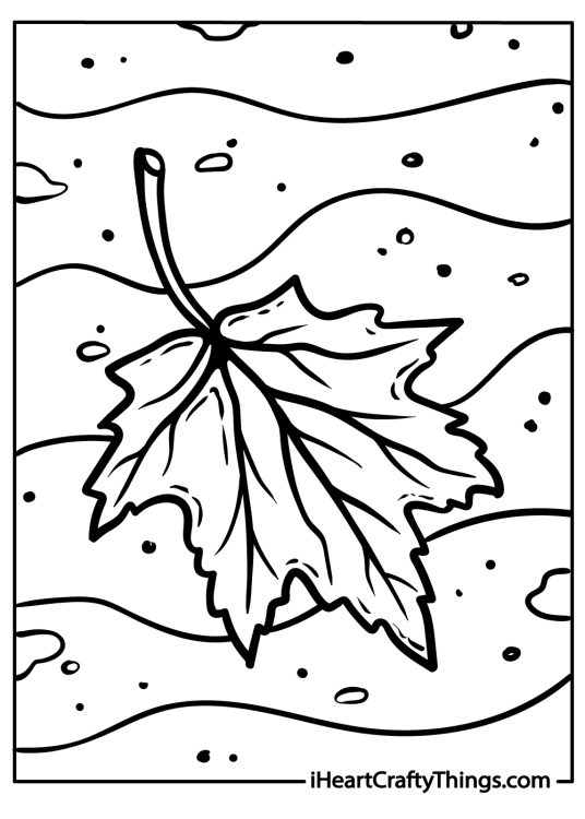 Fall leaves printable presenting falling maple leaf with jagged edges surrounded by snowflakes
