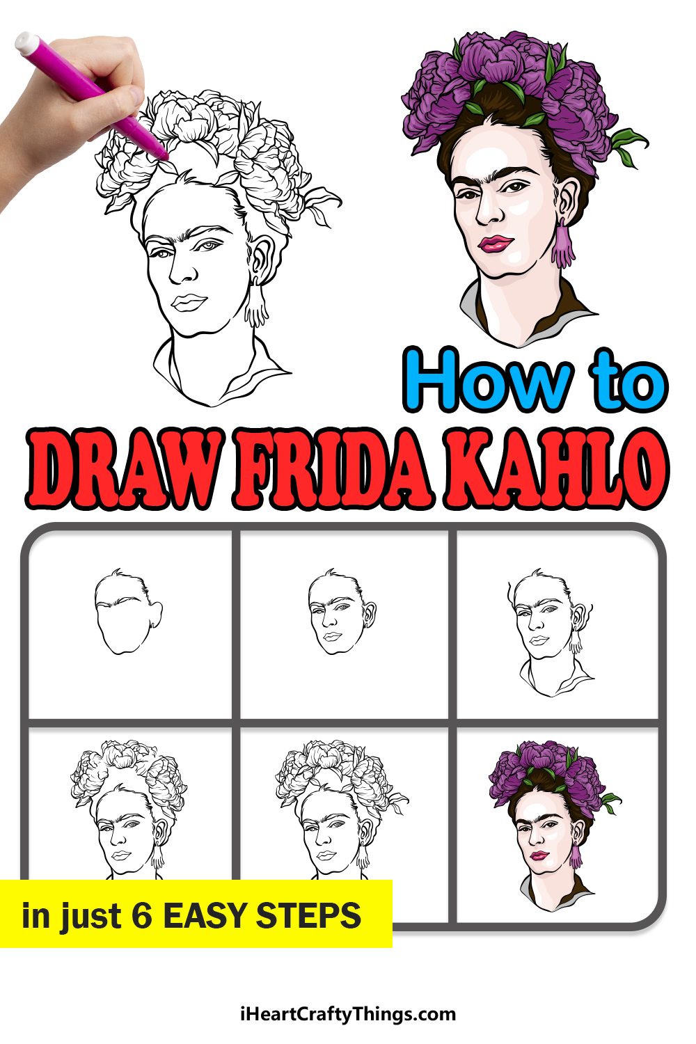 how to draw Frida Kahlo in 6 easy steps