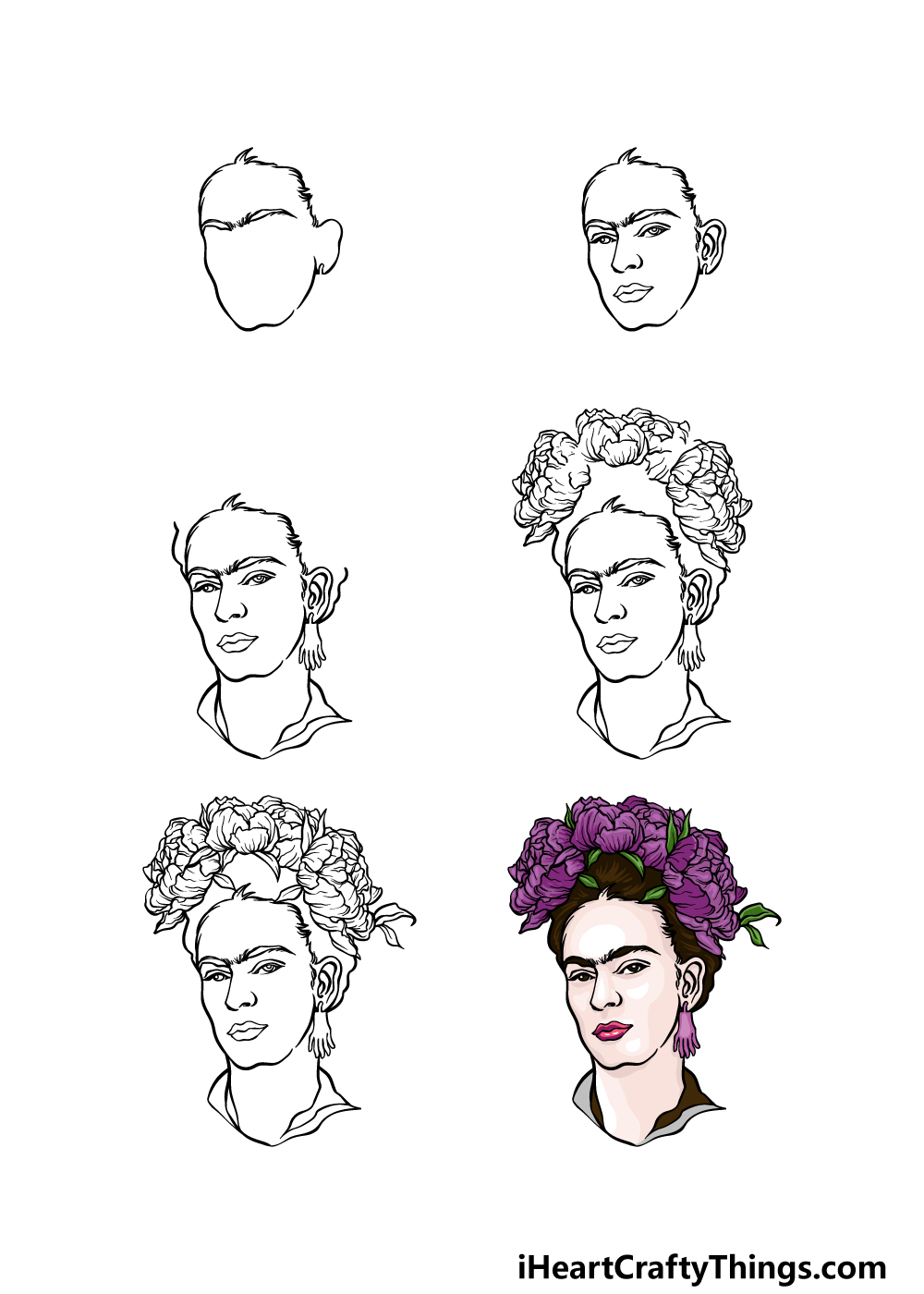 how to draw Frida Kahlo in 6 steps