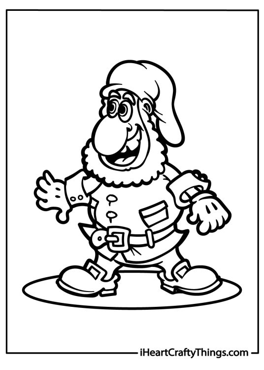 Gnomes-inspired coloring page for kids showing happy-looking and friendly gnome featured on a spotlight