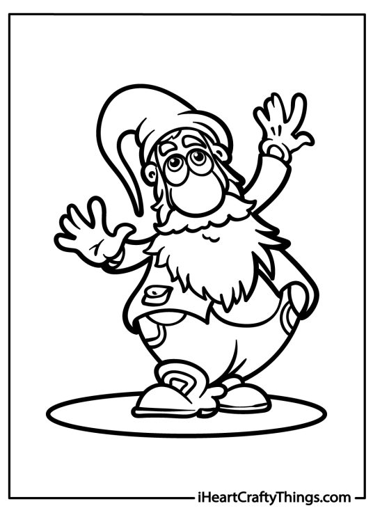Gnomes-themed picture featuring playful gnome showing off his best dance moves on a spotlight