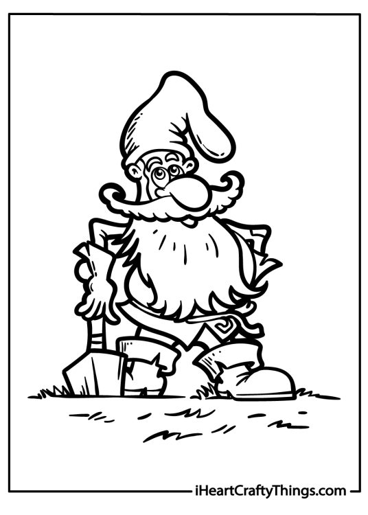 Gnomes coloring picture showing gnome posing with his trusty shovel in his garden