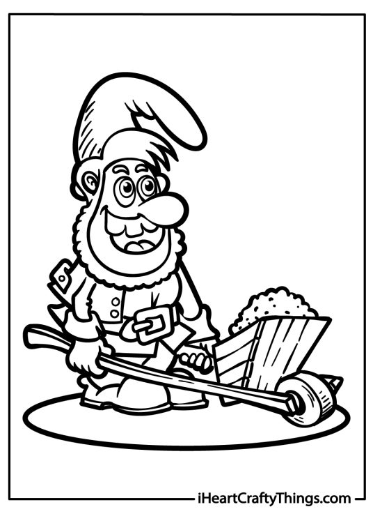 Gnomes-themed picture for kids capturing excited gnome pushing a wheelbarrow full of gold coins
