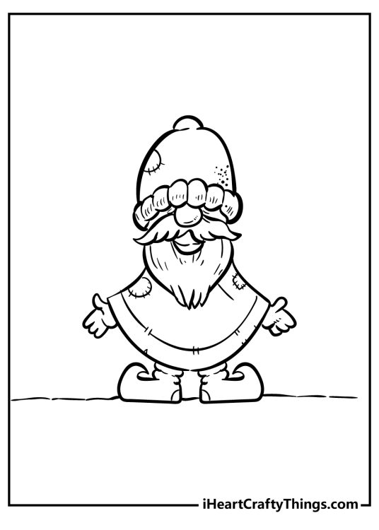Gnomes coloring printable featuring cheerful gnome wearing warm clothes cozy boots and a hat