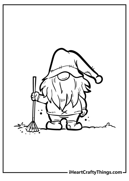 Gnomes-themed picture to print and color featuring cleaner gnome with long beard holding a broom