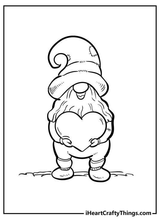 Gnomes-themed printable picture for kids featuring cheerful gnome holding a big heart