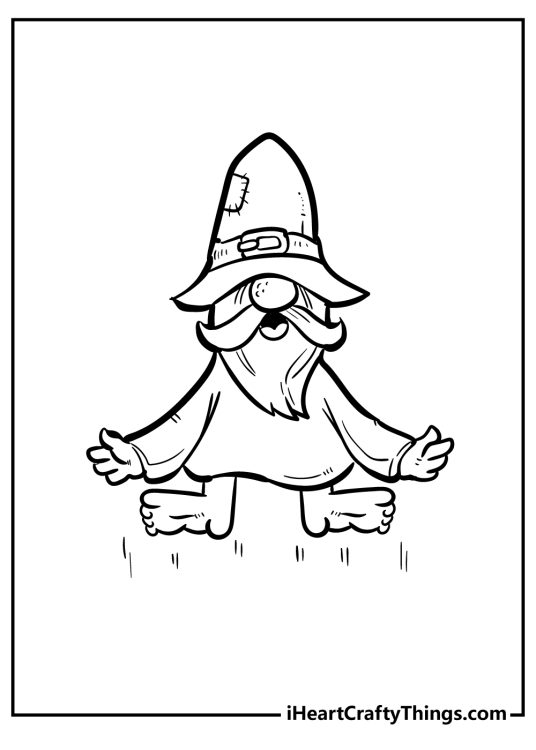 Gnomes-themed printable coloring picture presenting gnome levitating in the air