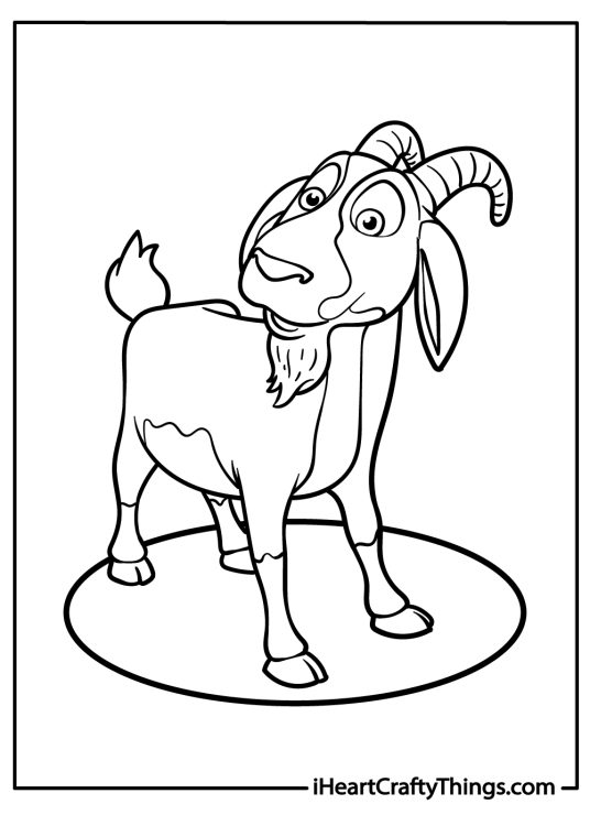 Free coloring sheet presenting a goat with some patches on the face standing in a spotlight