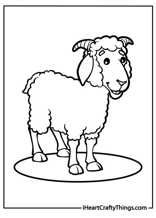 Black-and-white drawing for children presenting particularly fluffy goat standing in a spotlight