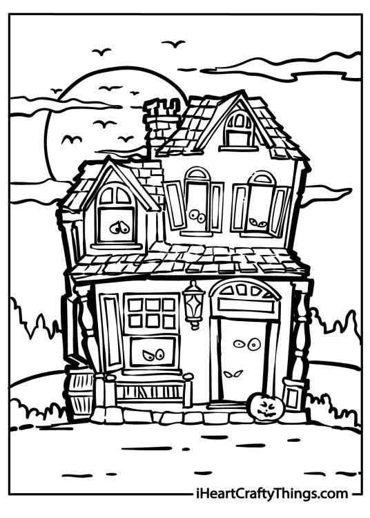 Detailed coloring image presenting old stone haunted house with a jack-o-lantern by its door