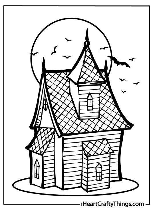 Detailed coloring picture of a haunted house with a turret and a steep roof featured on a spotlight
