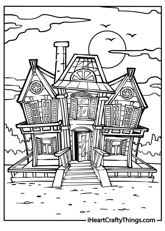 Detailed coloring sheet for adults featuring big wooden haunted house with many intricate details
