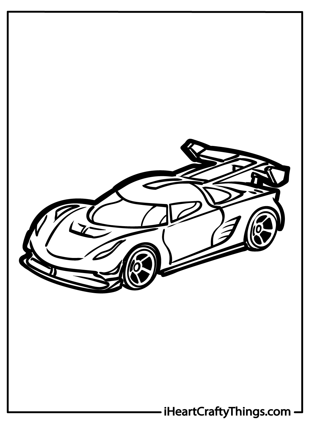 Coloring page for kids featuring Hot Wheels car with a low profile, two doors and large spoiler