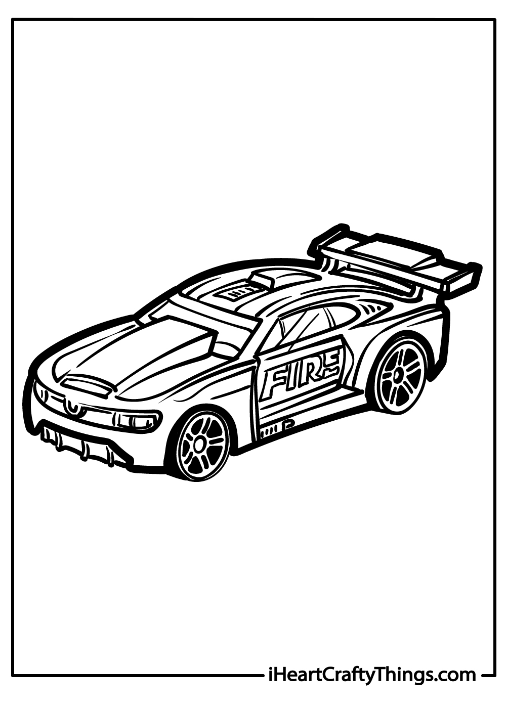 Hot Wheels coloring picture presenting car with a large spoiler on the back and a FIRE logo on the side