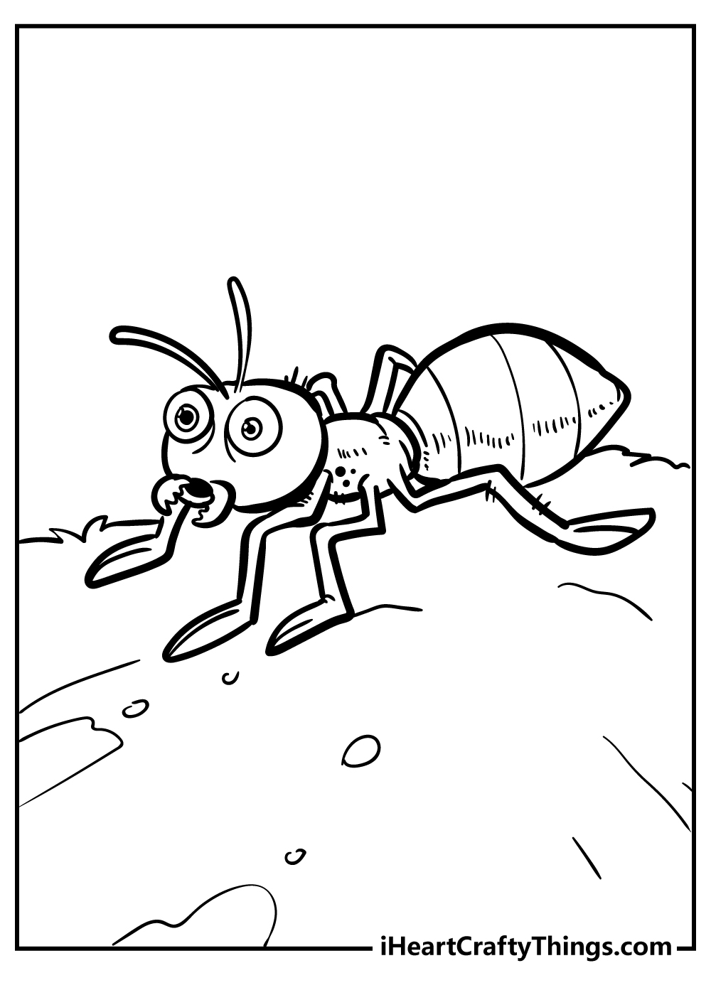 Detailed insect-themed coloring picture featuring a closeup worker ant seems to be looking for something